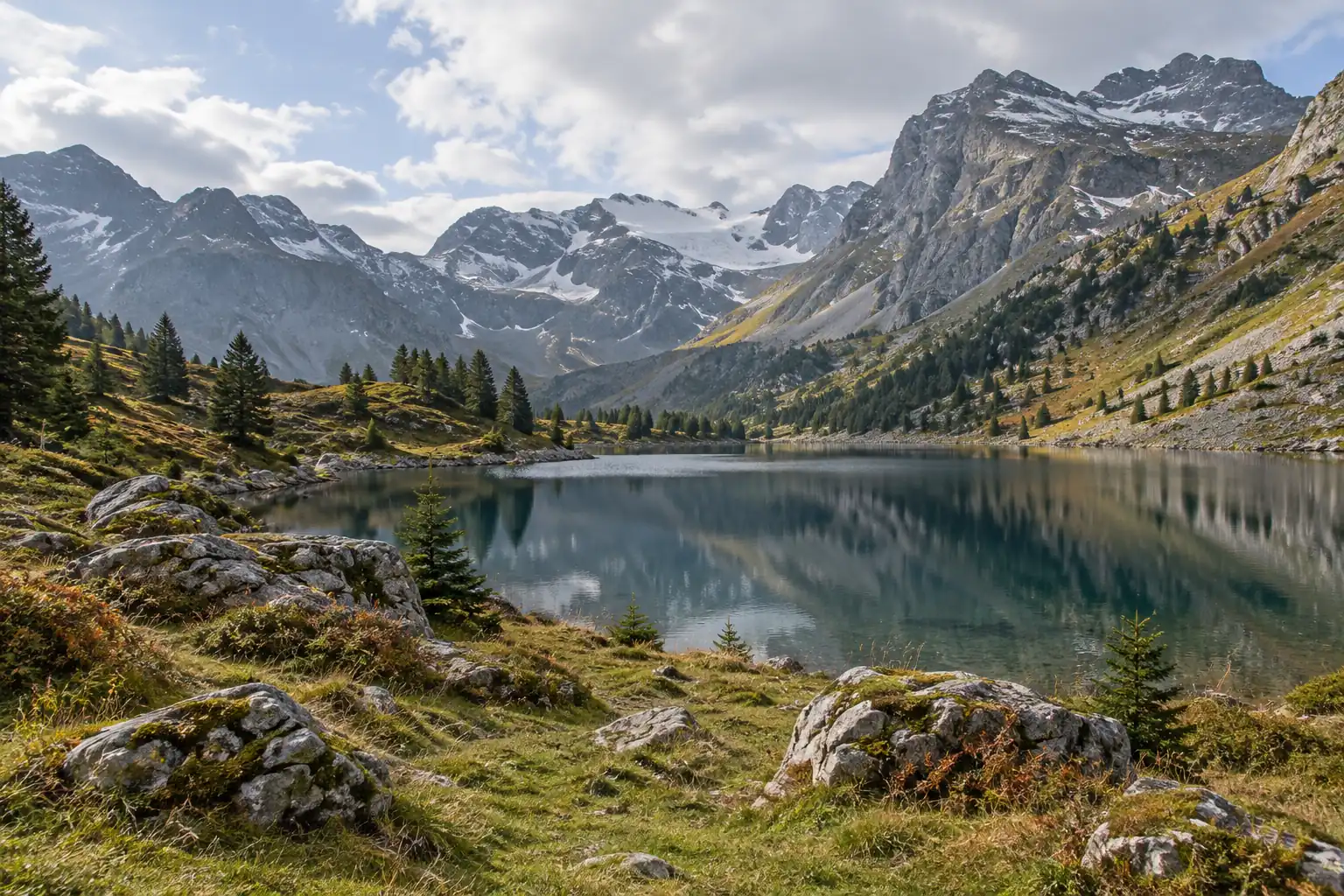 Illustrative alpine lake landscape generated with AI.