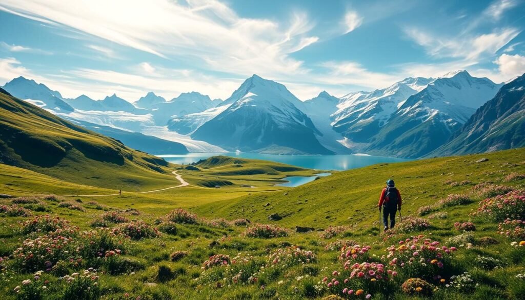 A breathtaking alpine landscape in Switzerland, captured during the vibrant spring and summer seasons. In the foreground, lush green meadows dotted with colorful wildflowers sway gently in the warm breeze. Towering snow-capped peaks rise majestically in the middle ground, their jagged silhouettes reflected in a crystal-clear glacial lake. Sunlight filters through wispy clouds, casting a warm, golden glow over the entire scene. Hikers traverse winding trails, their backpacks and hiking gear visible as they explore the natural splendor. The overall mood is one of tranquility, adventure, and the pure essence of the Swiss Alps in their most enchanting state. A breathtaking alpine landscape in Switzerland, captured during the vibrant spring and summer seasons. In the foreground, lush green meadows dotted with colorful wildflowers sway gently in the warm breeze. Towering snow-capped peaks rise majestically in the middle ground, their jagged silhouettes reflected in a crystal-clear glacial lake. Sunlight filters through wispy clouds, casting a warm, golden glow over the entire scene. Hikers traverse winding trails, their backpacks and hiking gear visible as they explore the natural splendor. The overall mood is one of tranquility, adventure, and the pure essence of the Swiss Alps in their most enchanting state.