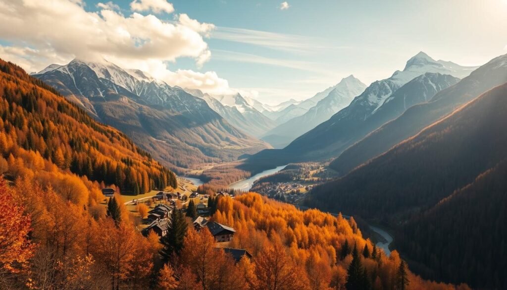 A breathtaking alpine landscape, where the vibrant hues of autumn give way to the serene, snow-capped peaks of winter. In the foreground, a quaint Swiss village nestled amid a tapestry of golden leaves and russet-colored forests. Sunlight filters through the clouds, casting a warm, golden glow over the scene. In the middle ground, a winding river cuts through the valley, its waters reflecting the changing seasons. The background is dominated by towering mountains, their jagged summits blanketed in a pristine, powdery white. The overall atmosphere is one of tranquility and wonder, capturing the essence of Switzerland's captivating fall-to-winter transition. A breathtaking alpine landscape, where the vibrant hues of autumn give way to the serene, snow-capped peaks of winter. In the foreground, a quaint Swiss village nestled amid a tapestry of golden leaves and russet-colored forests. Sunlight filters through the clouds, casting a warm, golden glow over the scene. In the middle ground, a winding river cuts through the valley, its waters reflecting the changing seasons. The background is dominated by towering mountains, their jagged summits blanketed in a pristine, powdery white. The overall atmosphere is one of tranquility and wonder, capturing the essence of Switzerland's captivating fall-to-winter transition.