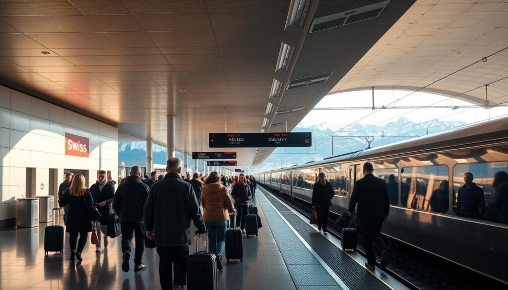 A bustling Swiss airport, its sleek, modern terminal bathed in warm, natural light. In the foreground, passengers hurry along, their luggage in tow, toward a gleaming, streamlined train platform. The train, a symbol of Swiss efficiency, waits patiently, its metallic exterior shimmering under the high ceilings. In the background, the distant snowcapped peaks of the Swiss Alps provide a breathtaking backdrop, hinting at the natural wonders that await beyond the station. The scene exudes a sense of seamless connectivity, where efficient transportation links the airport to the broader Swiss landscape, inviting travelers to embark on their journey of exploration.