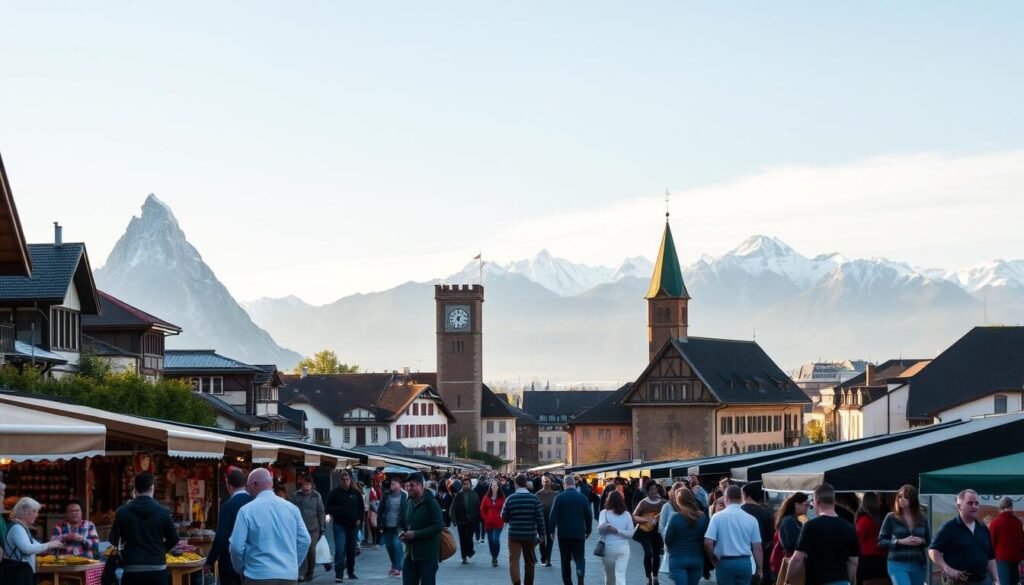 A bustling scene of Swiss cities, showcasing their rich cultural tapestry. In the foreground, vibrant street markets brimming with local artisanal crafts, lively accordion players, and the aroma of Swiss delicacies. In the middle ground, iconic landmarks like the Matterhorn, the Jet d'Eau in Geneva, and the Zytglogge clock tower in Bern, all bathed in warm, golden afternoon light. The background features a panoramic view of the breathtaking Swiss Alps, their snow-capped peaks touching the azure sky. The overall atmosphere exudes a sense of timeless charm, inviting the viewer to immerse themselves in the unique cultural experiences that define the essence of Switzerland. A bustling scene of Swiss cities, showcasing their rich cultural tapestry. In the foreground, vibrant street markets brimming with local artisanal crafts, lively accordion players, and the aroma of Swiss delicacies. In the middle ground, iconic landmarks like the Matterhorn, the Jet d'Eau in Geneva, and the Zytglogge clock tower in Bern, all bathed in warm, golden afternoon light. The background features a panoramic view of the breathtaking Swiss Alps, their snow-capped peaks touching the azure sky. The overall atmosphere exudes a sense of timeless charm, inviting the viewer to immerse themselves in the unique cultural experiences that define the essence of Switzerland.