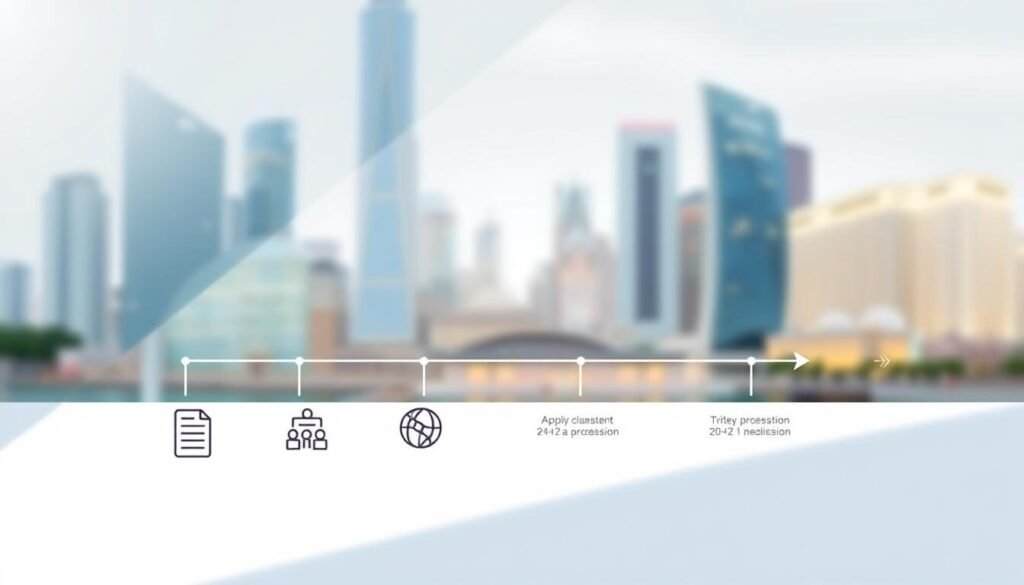 A clean, minimalist illustration depicting the timeline of visa processing. In the foreground, a series of stylized icons representing the key steps - application, review, decision. In the middle ground, a sleek timeline graphic with labeled milestones. The background features a blurred, elegant cityscape, conveying a sense of international travel and bureaucratic efficiency. Soft, directional lighting from the top-left casts subtle shadows, adding depth and dimension. The overall aesthetic is modern, informative, and visually compelling, suitable for use in a travel article. A clean, minimalist illustration depicting the timeline of visa processing. In the foreground, a series of stylized icons representing the key steps - application, review, decision. In the middle ground, a sleek timeline graphic with labeled milestones. The background features a blurred, elegant cityscape, conveying a sense of international travel and bureaucratic efficiency. Soft, directional lighting from the top-left casts subtle shadows, adding depth and dimension. The overall aesthetic is modern, informative, and visually compelling, suitable for use in a travel article.