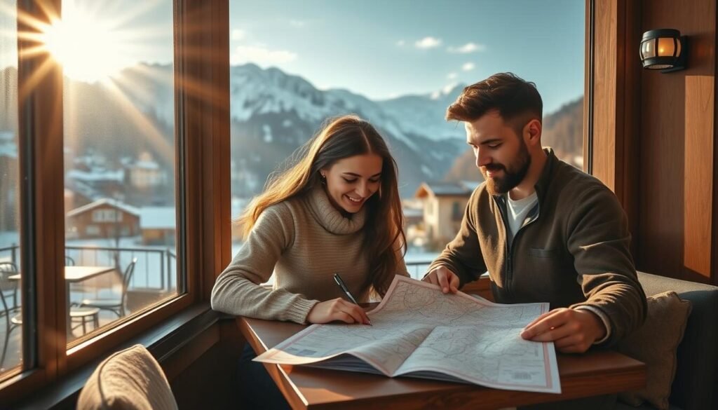 A couple, dressed in casual yet stylish attire, sits at a cozy cafe table overlooking the majestic Swiss Alps. The warm, natural lighting filters through the window, casting a soft, romantic glow on their faces as they pore over a detailed map, planning their dreamy Swiss itinerary. Their expressions are filled with excitement and anticipation, as they trace the winding roads and picturesque destinations that will shape their Swiss romance. In the background, a quaint, charming town nestled among the snow-capped peaks serves as the perfect backdrop, hinting at the enchanting adventures that await.