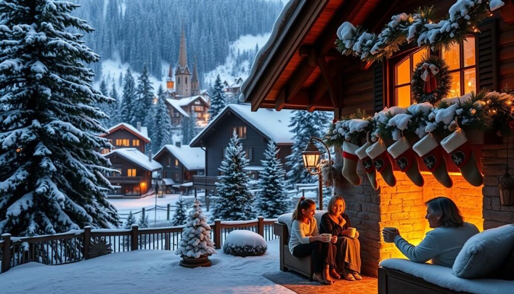 A cozy Swiss chalet nestled in a snowy alpine landscape, surrounded by towering pine trees and a dusting of fresh white powder. In the foreground, a family gathers around a crackling fireplace, sipping on warm mugs of mulled wine and hot chocolate. Stockings hang from the mantel, adorned with hand-crafted ornaments and twinkling fairy lights. Through the frosty windowpanes, a winter wonderland unfolds, with a quaint village in the distance, its wooden chalets and church steeples blanketed in snow. Soft, warm lighting casts a magical glow, capturing the essence of traditional Swiss Christmas charm. A cozy Swiss chalet nestled in a snowy alpine landscape, surrounded by towering pine trees and a dusting of fresh white powder. In the foreground, a family gathers around a crackling fireplace, sipping on warm mugs of mulled wine and hot chocolate. Stockings hang from the mantel, adorned with hand-crafted ornaments and twinkling fairy lights. Through the frosty windowpanes, a winter wonderland unfolds, with a quaint village in the distance, its wooden chalets and church steeples blanketed in snow. Soft, warm lighting casts a magical glow, capturing the essence of traditional Swiss Christmas charm.