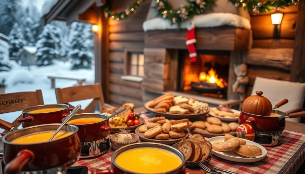 A cozy Swiss chalet nestled in a snowy alpine landscape, with a table laden with traditional holiday delicacies. In the foreground, a selection of fondue pots, melted cheese bubbling, accompanied by crusty bread, pickled vegetables, and charcuterie. In the middle ground, a platter of Swiss cookies and pastries, such as Lebkuchen, Mailänderli, and Bûche de Noël. The background features a warm, crackling fireplace, casting a soft, golden glow over the scene. The lighting is soft and diffused, creating a inviting, festive atmosphere. Captured with a wide-angle lens to showcase the overall setting and ambiance of a quintessential Swiss holiday celebration. A cozy Swiss chalet nestled in a snowy alpine landscape, with a table laden with traditional holiday delicacies. In the foreground, a selection of fondue pots, melted cheese bubbling, accompanied by crusty bread, pickled vegetables, and charcuterie. In the middle ground, a platter of Swiss cookies and pastries, such as Lebkuchen, Mailänderli, and Bûche de Noël. The background features a warm, crackling fireplace, casting a soft, golden glow over the scene. The lighting is soft and diffused, creating a inviting, festive atmosphere. Captured with a wide-angle lens to showcase the overall setting and ambiance of a quintessential Swiss holiday celebration.