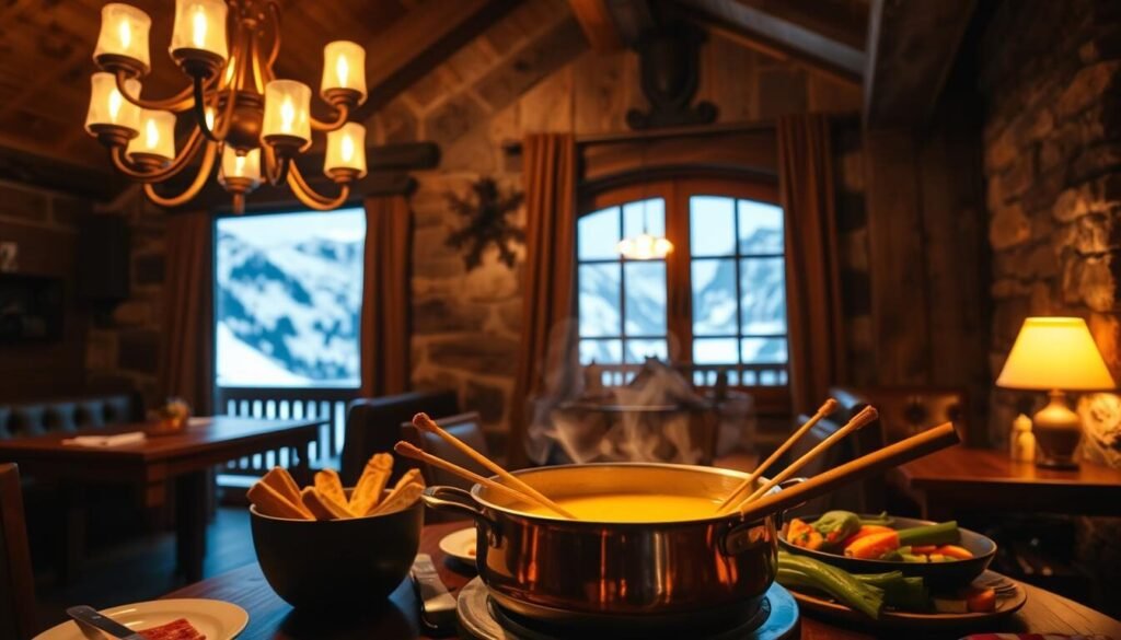 A cozy, dimly lit Swiss chalet interior with a central table set for a traditional fondue experience. In the foreground, a copper pot filled with bubbling, golden cheese, surrounded by skewers of crusty bread and crisp, fresh vegetables waiting to be dipped. Overhead, a rustic chandelier casts a warm, flickering glow, while the middle ground features wooden beams, exposed stone walls, and Alpine-inspired decor. In the background, a large window overlooks a snow-capped mountain landscape, hinting at the breathtaking vistas beyond. The overall atmosphere is one of comfort, indulgence, and immersion in Swiss culinary culture.