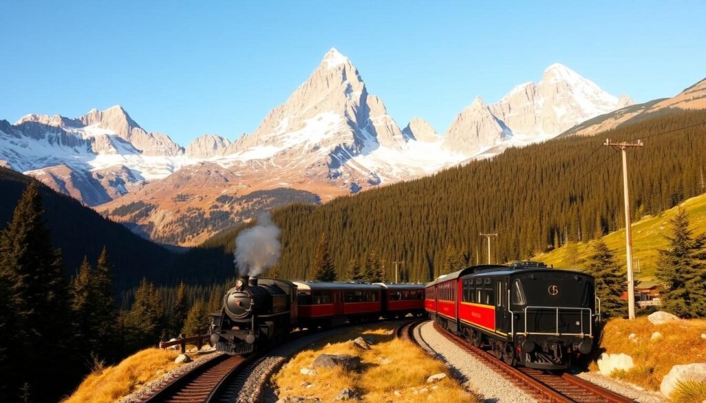 A majestic mountain railway winds its way through a breathtaking alpine landscape. In the foreground, a vintage locomotive chugs along the tracks, its steam billowing against a crisp, clear sky. Towering, snow-capped peaks rise in the background, their jagged silhouettes framed by lush, verdant forests. The train navigates tight curves and dramatic gradients, offering passengers a thrilling, panoramic view of the awe-inspiring scenery. Warm, golden sunlight bathes the scene, casting a serene, postcard-perfect glow over the entire journey. This is a timeless, quintessential mountain railway experience, capturing the essence of an unforgettable adventure through the heart of the Swiss Alps.