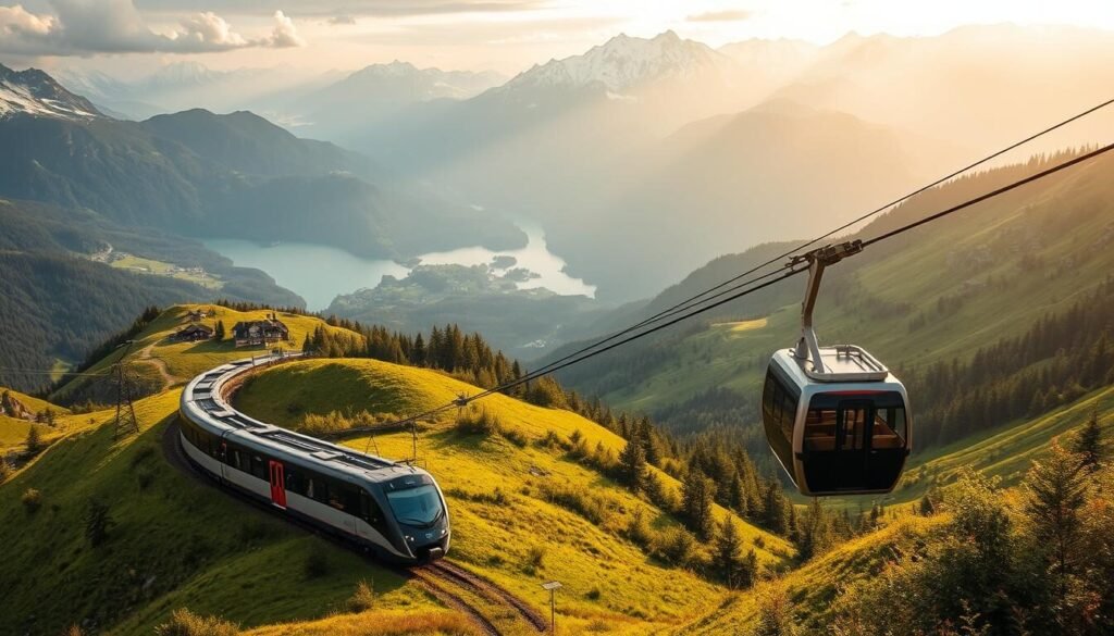 A picturesque Swiss mountain landscape, with a sleek, modern train winding its way through lush, verdant valleys. In the foreground, a cable car system glides effortlessly up the steep slopes, offering panoramic views of the snow-capped peaks and crystalline lakes below. Soft, diffused lighting casts a warm, golden glow over the scene, creating a sense of tranquility and romance. The composition is balanced, with the train and cable car system seamlessly integrated into the natural surroundings, inviting the viewer to imagine the thrill of exploring Switzerland's breathtaking terrain.