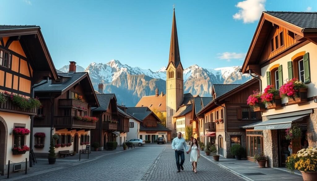 A picturesque Swiss village nestled in the Alps, with charming alpine chalets, cobblestone streets, and a quaint town square. In the foreground, a couple strolls hand-in-hand, admiring the vibrant flower boxes and window boxes adorning the buildings. In the middle ground, a historic church steeple rises above the rooftops, its ornate architecture bathed in warm, golden afternoon light. In the background, snow-capped mountain peaks pierce the azure sky, creating a breathtaking panoramic landscape. The scene exudes a sense of timeless romance, inviting couples to discover the enchanting beauty and tranquility of Switzerland's enchanting cities and villages.