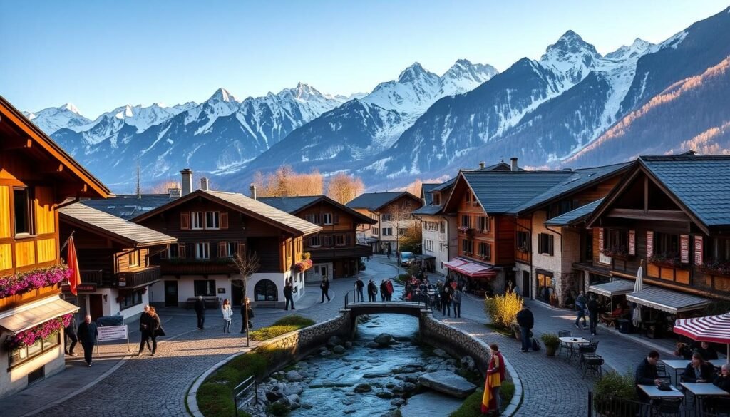 A quaint Swiss mountain village nestled between towering peaks, bathed in warm afternoon light. In the foreground, cobblestone streets wind past charming chalet-style buildings with wooden facades and flower-filled window boxes. In the middle ground, a babbling brook crosses the village, flanked by locals strolling and sitting at outdoor cafes. The background features a breathtaking panorama of snow-capped mountains, their jagged silhouettes reaching towards a clear, azure sky. A serene, timeless atmosphere pervades the scene, inviting the viewer to explore the enchanting heart of the Swiss Alps.