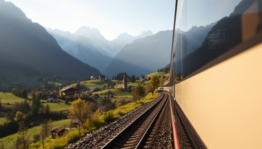 A scenic Swiss train ride through majestic alpine landscapes. In the foreground, a sleek, modern train glides effortlessly along the tracks, its polished exterior gleaming in the soft, golden light. In the middle ground, snow-capped peaks rise majestically, their jagged silhouettes casting long shadows across the verdant valleys below. In the distance, a picturesque village nestled among rolling hills, its charming chalets and church spires adding to the timeless charm of the scene. The lighting is warm and diffused, creating a sense of tranquility and wonder. The perspective is captured from a slightly elevated angle, allowing the viewer to take in the full grandeur of the Swiss countryside. The overall mood is one of peaceful exploration and appreciation for the natural beauty of this iconic destination.