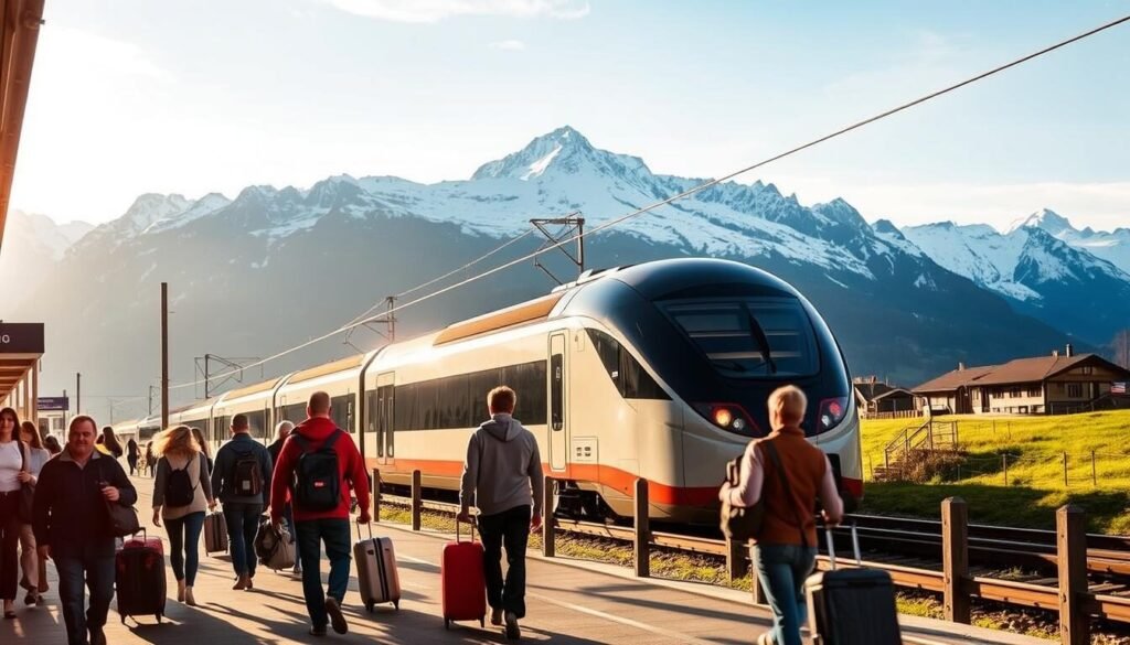 A scenic landscape showcasing the benefits of the Swiss Travel Pass. In the foreground, a group of travelers confidently navigate a bustling train station, their luggage in hand. The middle ground features a sleek, modern train gliding through the picturesque Swiss countryside, snow-capped mountains providing a majestic backdrop. Warm, natural lighting bathes the scene, creating a sense of adventure and exploration. The composition emphasizes the seamless connectivity and convenience of the Swiss transportation system, inviting the viewer to envision their own carefree journey through this enchanting land.