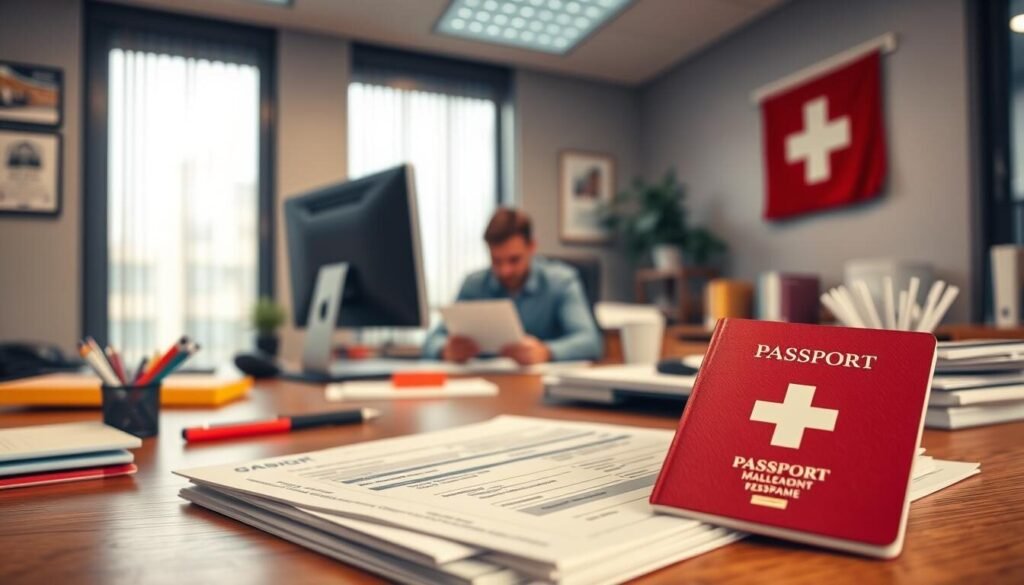 A well-lit office interior with a wooden desk, a computer, and various stationery items. In the foreground, a Swiss passport and visa application forms are prominently displayed. The middle ground features a person sitting at the desk, carefully filling out the forms. The background showcases a wall-mounted Swiss flag, providing a subtle patriotic touch. The lighting is soft and warm, creating a professional and administrative atmosphere. The overall composition emphasizes the meticulous process of applying for a Swiss visa, capturing the attention of the viewer and aligning with the section title. A well-lit office interior with a wooden desk, a computer, and various stationery items. In the foreground, a Swiss passport and visa application forms are prominently displayed. The middle ground features a person sitting at the desk, carefully filling out the forms. The background showcases a wall-mounted Swiss flag, providing a subtle patriotic touch. The lighting is soft and warm, creating a professional and administrative atmosphere. The overall composition emphasizes the meticulous process of applying for a Swiss visa, capturing the attention of the viewer and aligning with the section title.