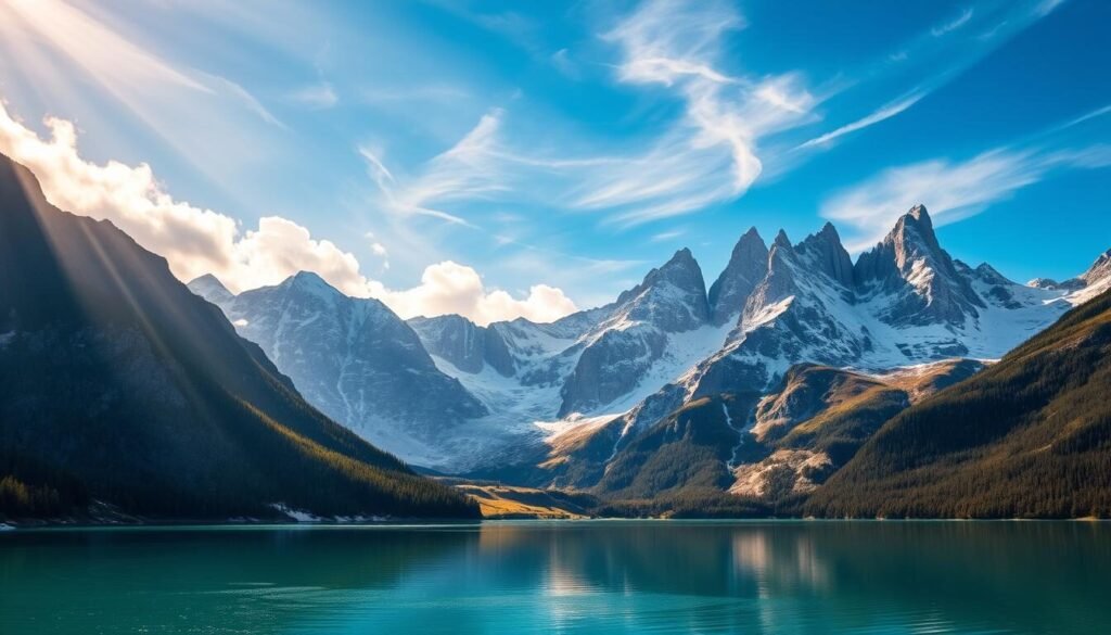 Breathtaking alpine landscape with majestic snow-capped peaks reaching towards a vibrant azure sky. In the foreground, a tranquil turquoise lake reflects the towering mountains and lush, verdant foliage on its shores. Shafts of warm golden sunlight filter through wispy clouds, casting a dreamy, ethereal glow over the serene scene. Rugged, craggy cliffs rise up in the middle ground, their jagged silhouettes casting dramatic shadows. In the distance, a panoramic vista of jagged, ice-capped summits pierce the horizon, creating a sense of awe-inspiring, untamed natural beauty. The overall mood is one of peaceful solitude and wonder, capturing the essence of Switzerland's breathtaking alpine splendor.