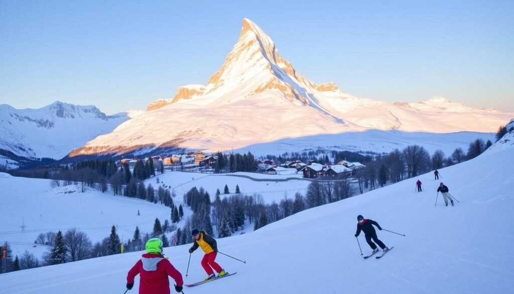 Ski slopes under the majestic Matterhorn peak, with crisp, snow-covered runs winding through a winter wonderland. In the foreground, skiers carve graceful turns, their colorful gear contrasting against the pristine, glistening white backdrop. The middle ground features a picturesque alpine village, its charming wooden chalets nestled between the towering mountains. In the distance, the iconic Matterhorn looms large, its jagged, snow-capped ridges standing tall against a clear, azure sky. The scene is bathed in warm, golden light, casting a cozy, inviting atmosphere over the entire landscape. Capture the essence of an unforgettable ski adventure in the heart of the Swiss Alps.