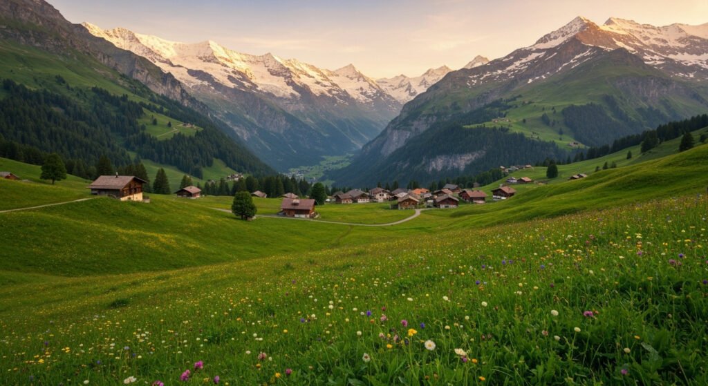 Swiss Alps landscape with traditional chalet village for budget travel guide 2026