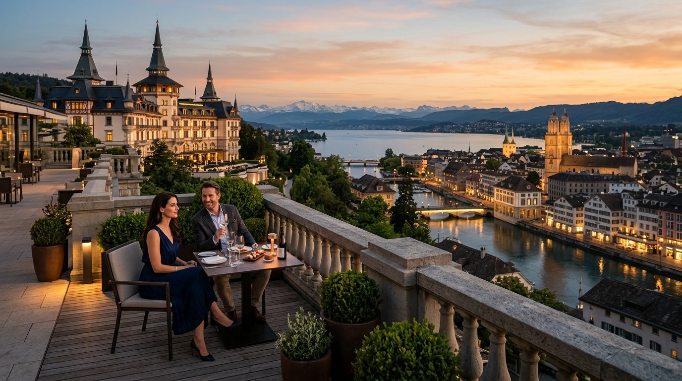A panoramic view of Zurich's Limmat river with historic buildings and church spires, showcasing the city's blend of medieval charm and modern efficiency.