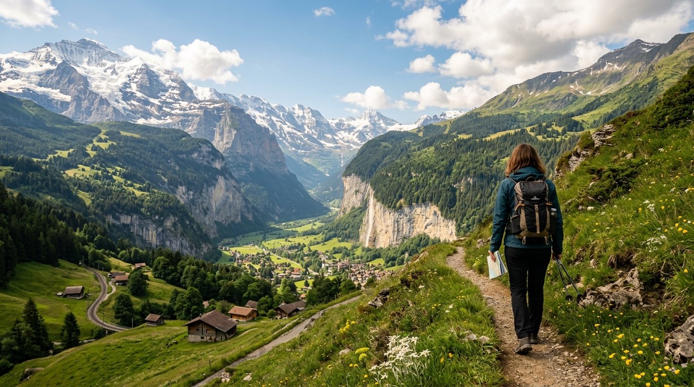 A budget traveler with a backpack admires a panoramic view of the Swiss Alps from a hiking trail.