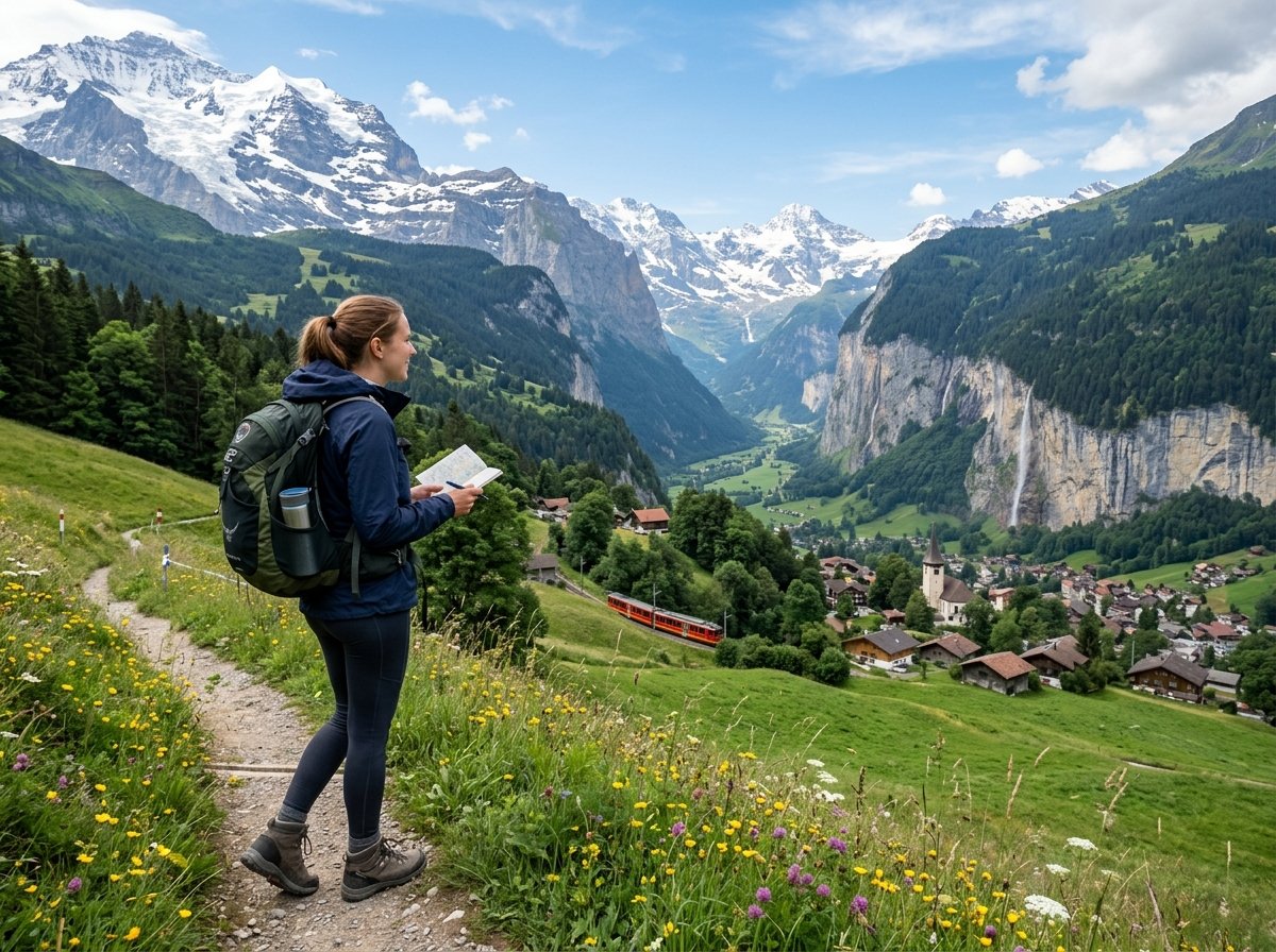 Traveler using a smartphone to check a regional train pass while waiting at a scenic Swiss station with mountain view