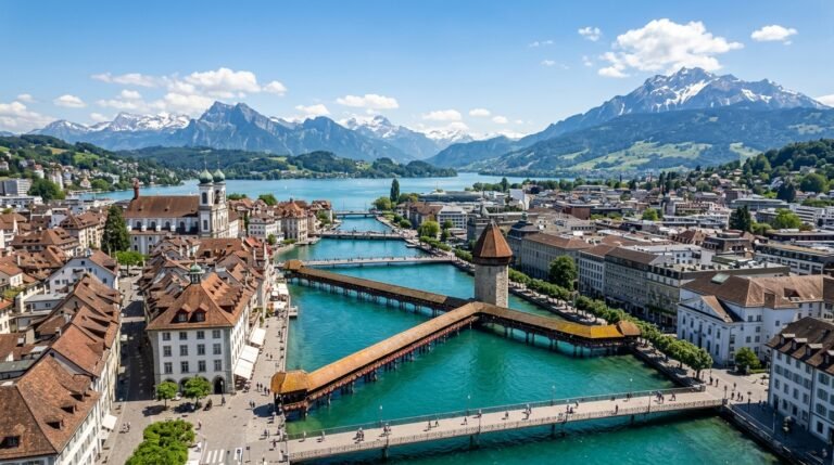 Lucerne Switzerland Chapel Bridge with Swiss Alps backdrop