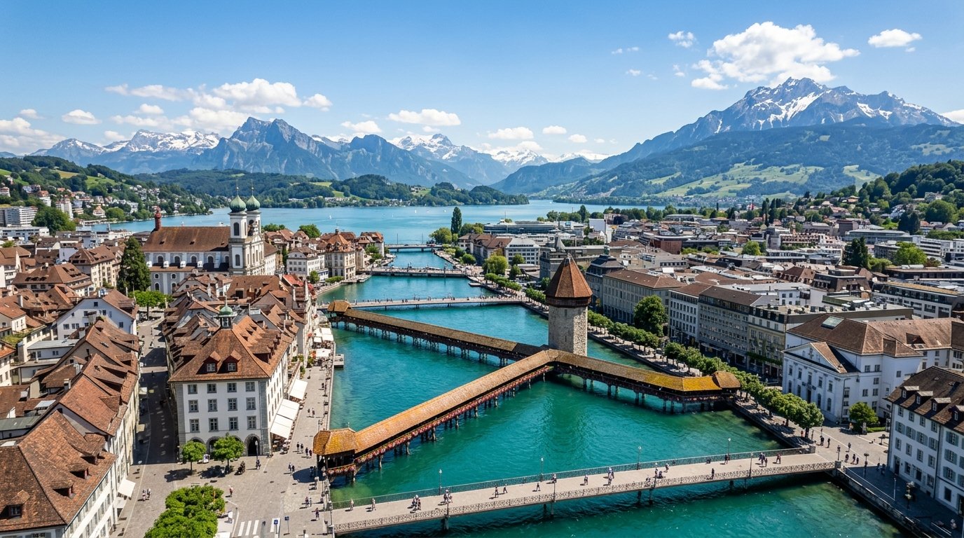 Lucerne Switzerland Chapel Bridge with Swiss Alps backdrop