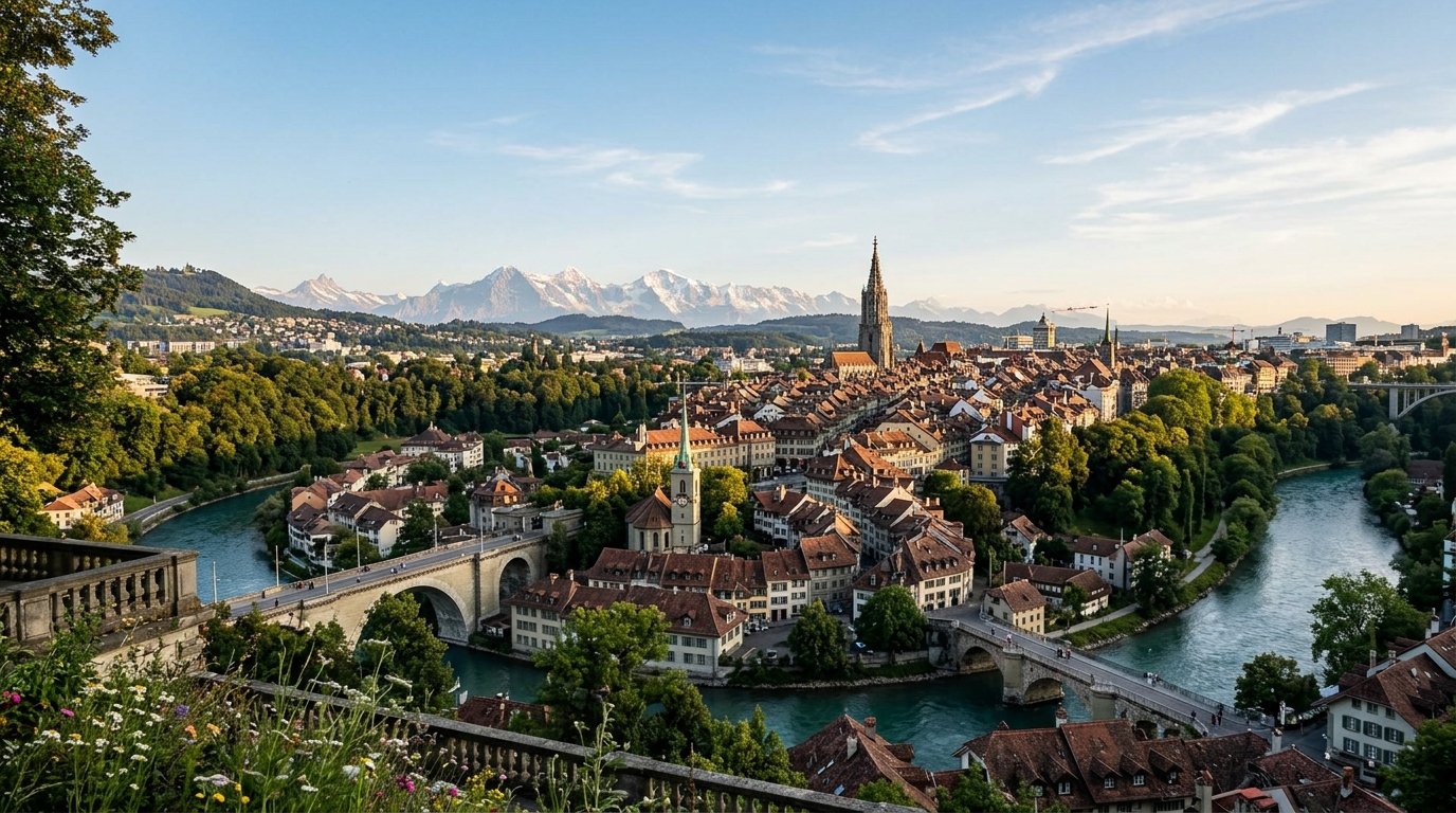 A panoramic view of Bern's Old Town with the Aare River, Cathedral, and red-roofed buildings under a clear blue sky