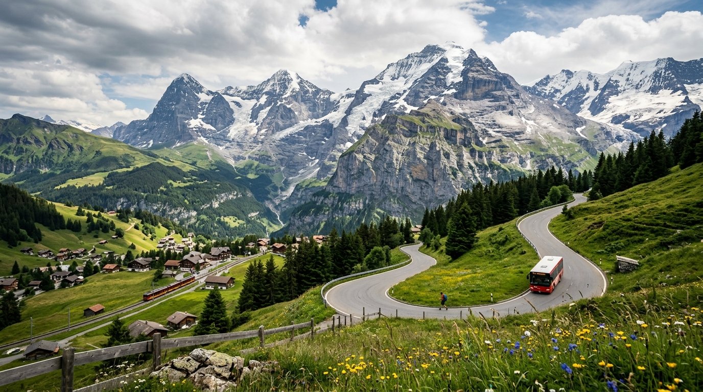 Panoramic view of the Jungfrau region in the Bernese Oberland with Eiger, Mönch, and Jungfrau peaks