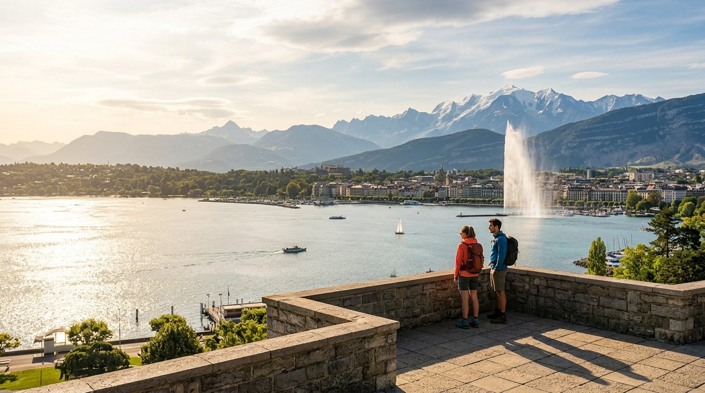 Panoramic view of Lake Geneva with the Alps in the background, illustrating the diverse day trip opportunities from the city in 2026.