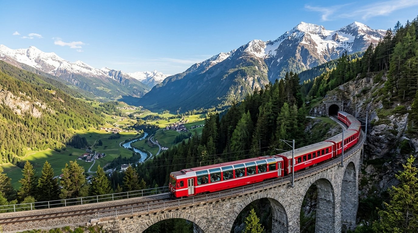 Glacier Express panoramic train crossing a viaduct in the Swiss Alps