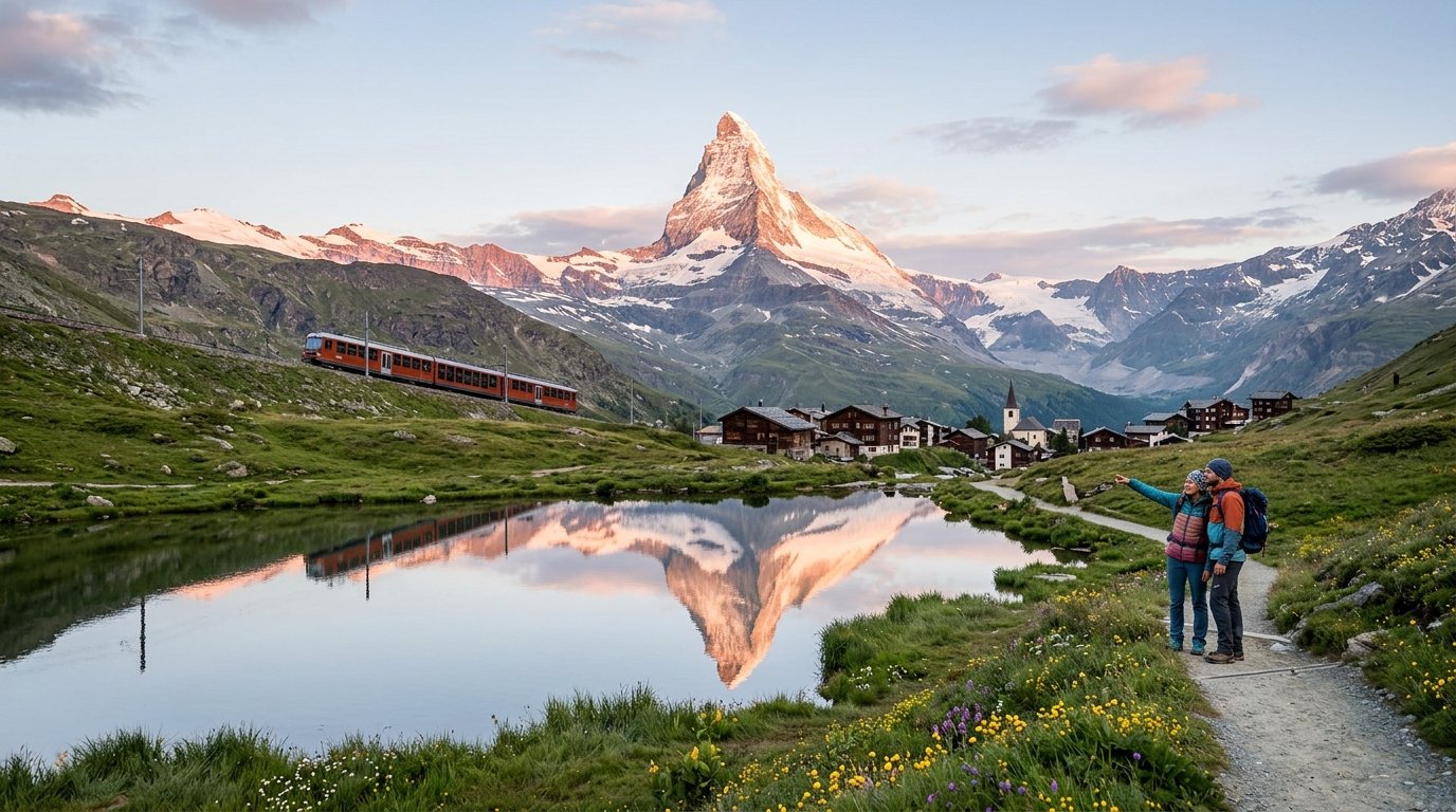 Panoramic view from a Swiss train window of Lake Brienz and snow-capped Alps, symbolizing the scenic diversity of this 3-day itinerary.