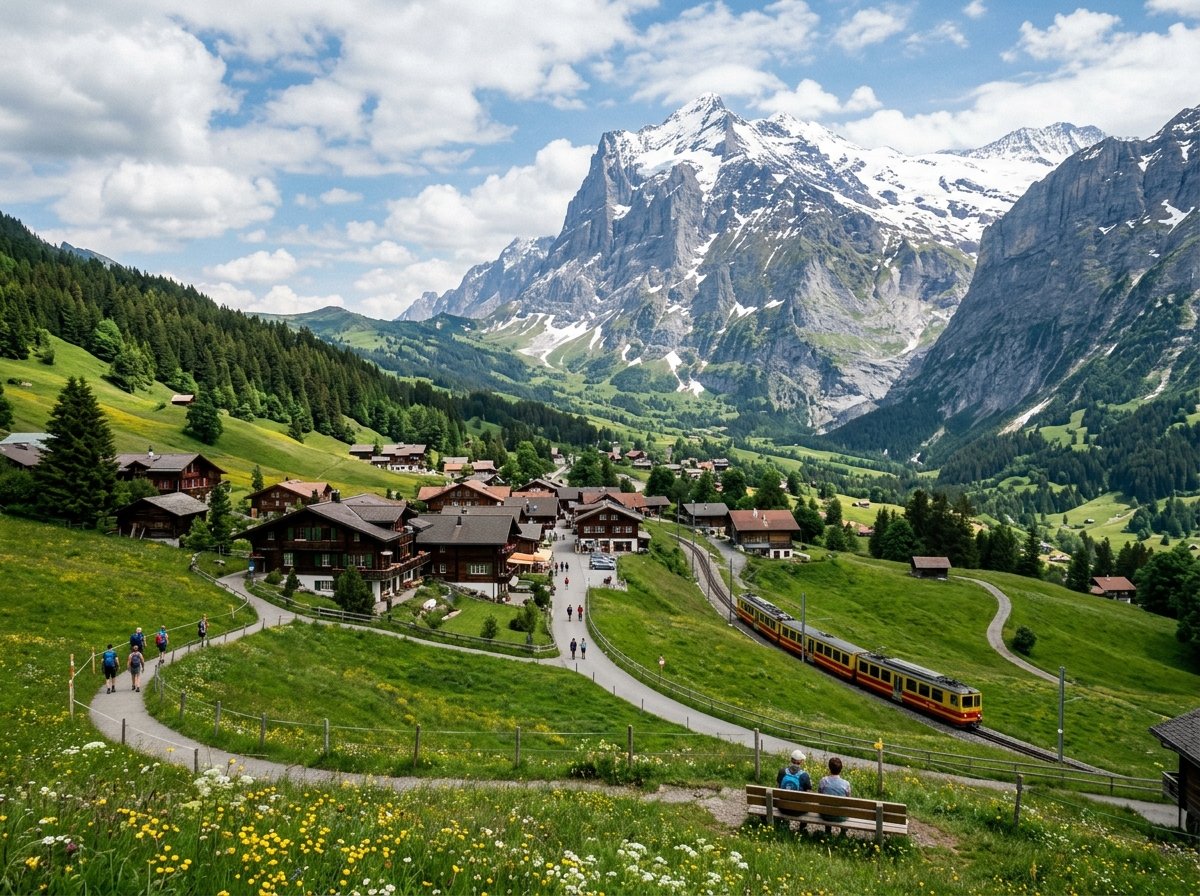 Hikers on the trail from First to Bachalpsee, with the turquoise alpine lake reflecting the snow-capped peaks of the Bernese Alps on a clear summer day.