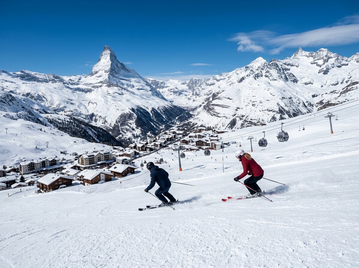 A triptych of Swiss ski scenes: the majestic Matterhorn towering over Zermatt, deep powder off-piste in Verbier, and a family learning to ski on a sunny slope in Anzère.