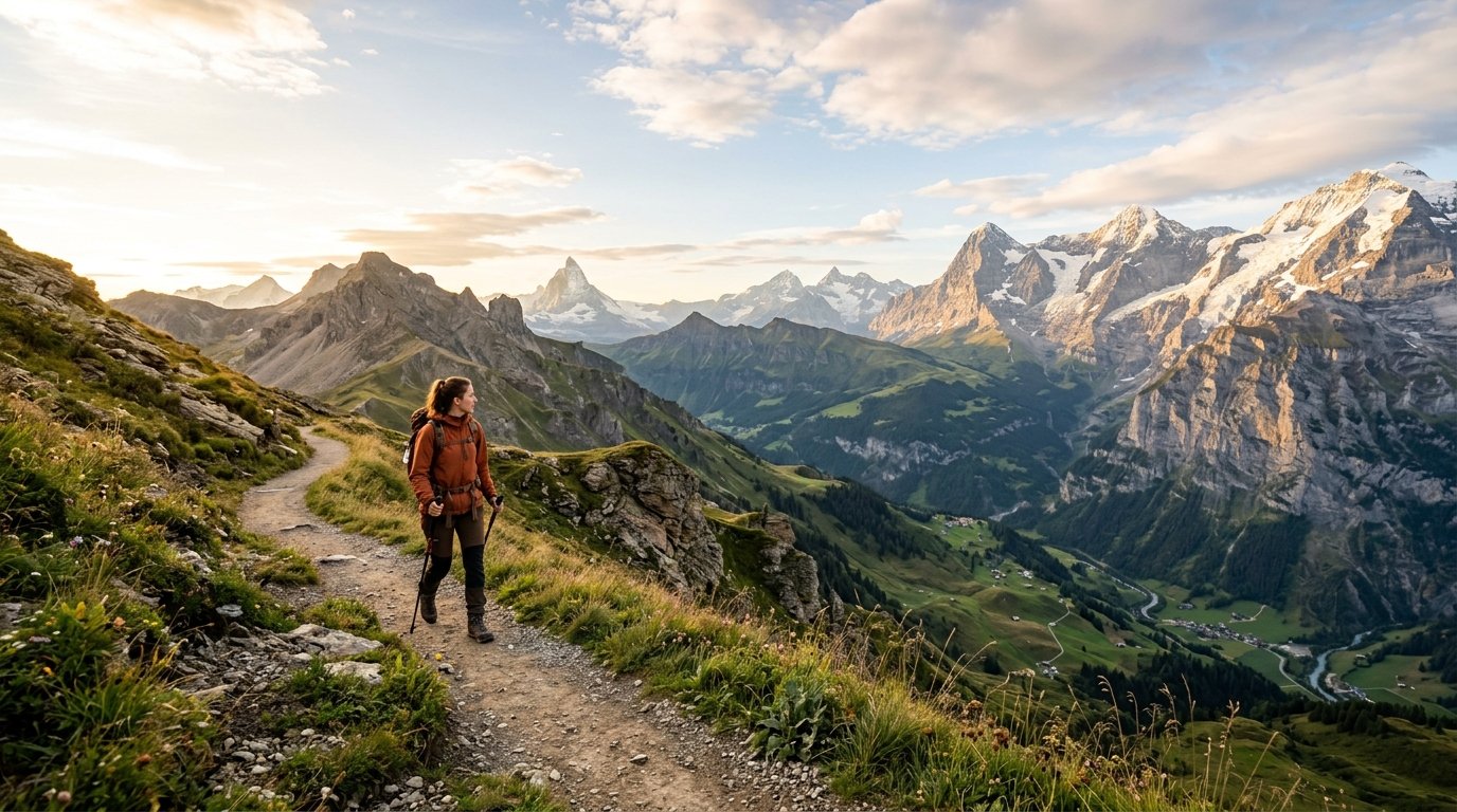 A wide, well-maintained gravel hiking trail winds through a green alpine meadow with wildflowers, leading towards towering, snow-capped peaks under a blue sky.