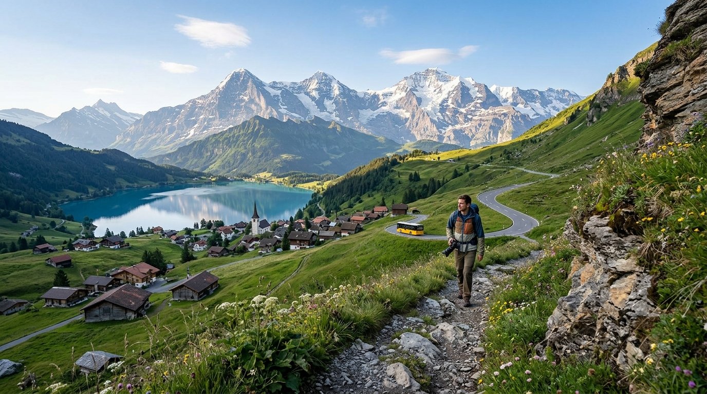Hero image showcasing the majestic Swiss Alps and a modern train, symbolizing the integration of nature and transport in Switzerland for 2026 travelers.