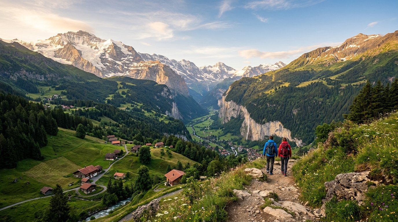 Panoramic view of the Swiss Alps with a lake, symbolizing the pristine beauty awaiting first-time visitors in 2026.