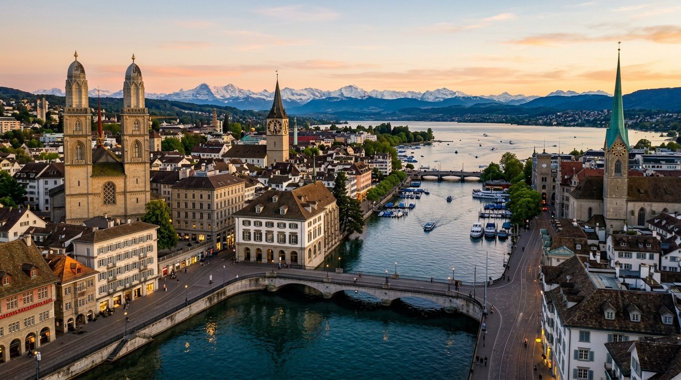 A panoramic view of Zurich's skyline featuring the Limmat River, Grossmünster towers, and modern buildings