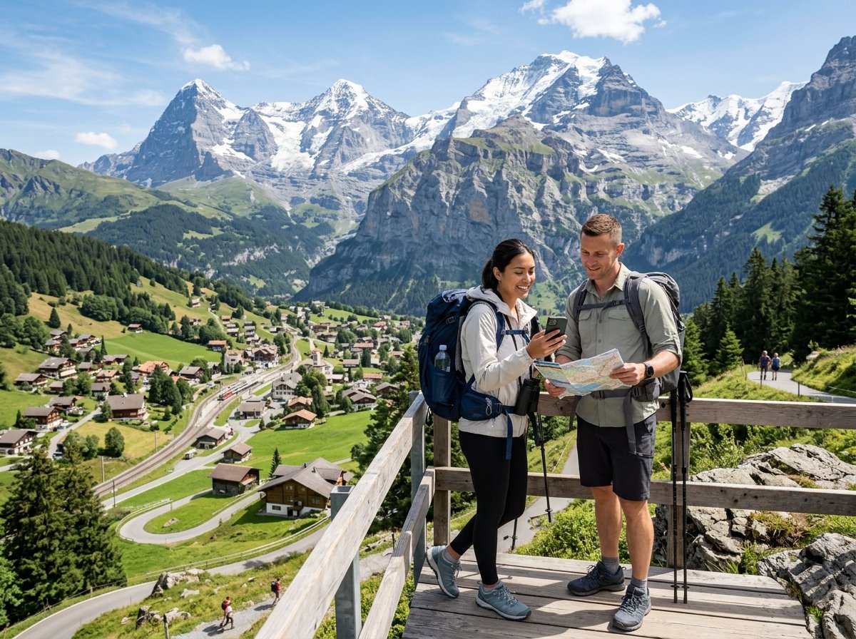 A panoramic view of the Swiss Alps with a train crossing a viaduct, representing efficient travel planning for first-time visitors in 2026.