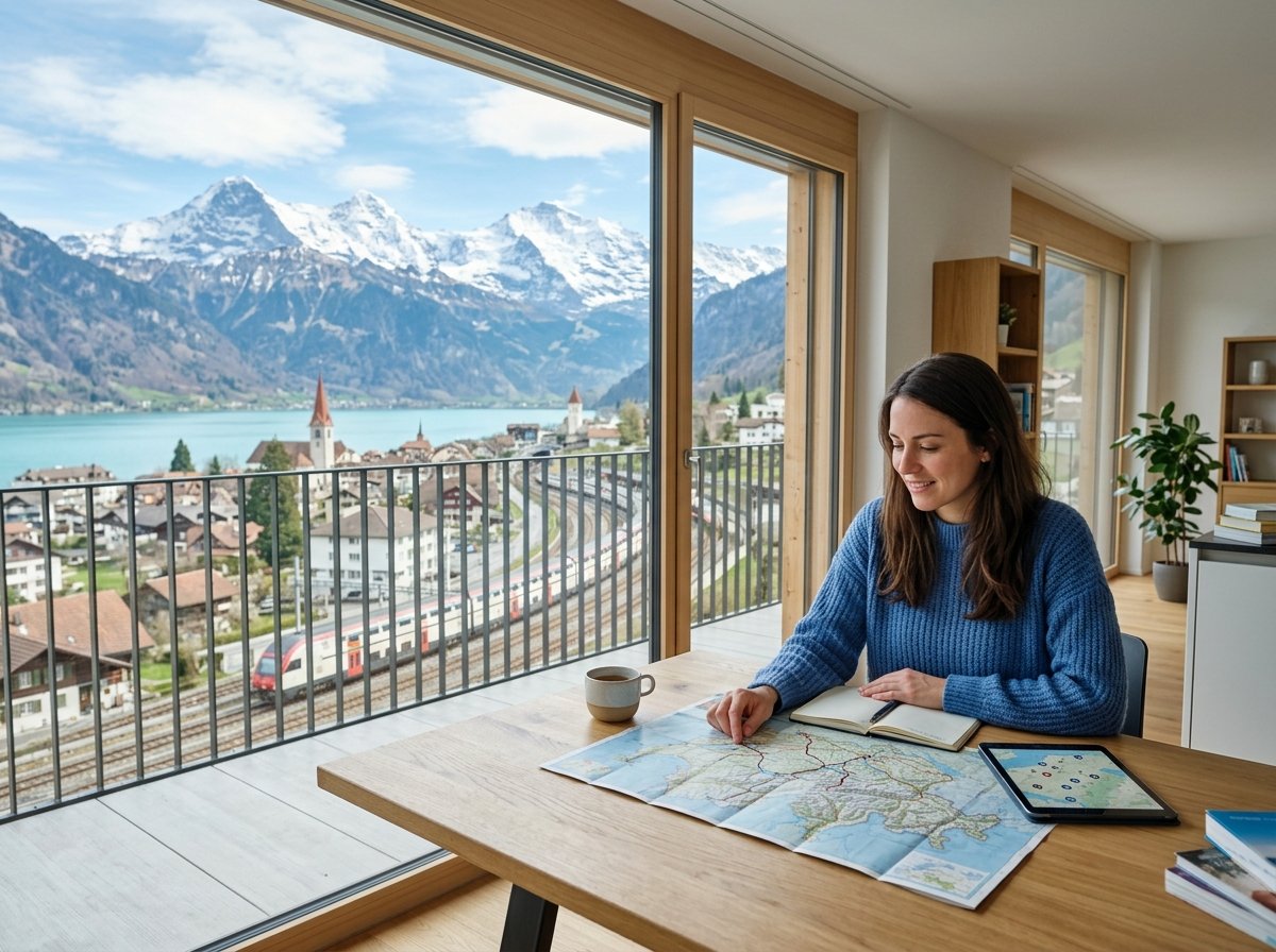 Visual comparison of Swiss seasons: summer wildflowers, autumn golden larches, snowy winter chalets, and spring blossoms.