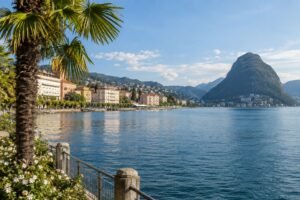 Lake Lugano waterfront with palm trees and Monte San Salvatore