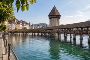 Chapel Bridge and its water tower over the Reuss river in Lucerne