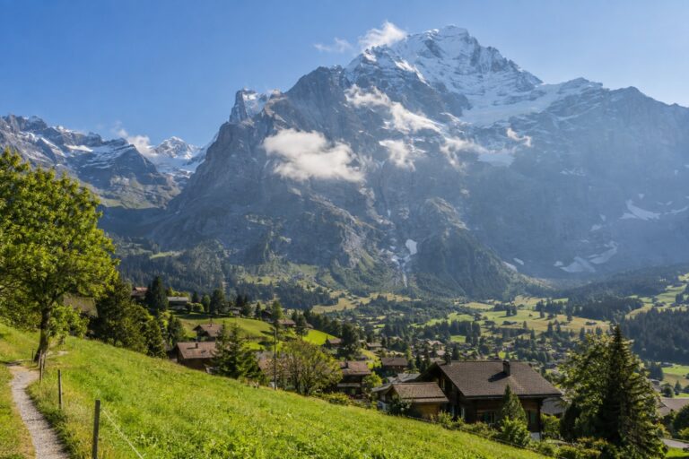 Green meadows and chalets of Grindelwald below the Wetterhorn